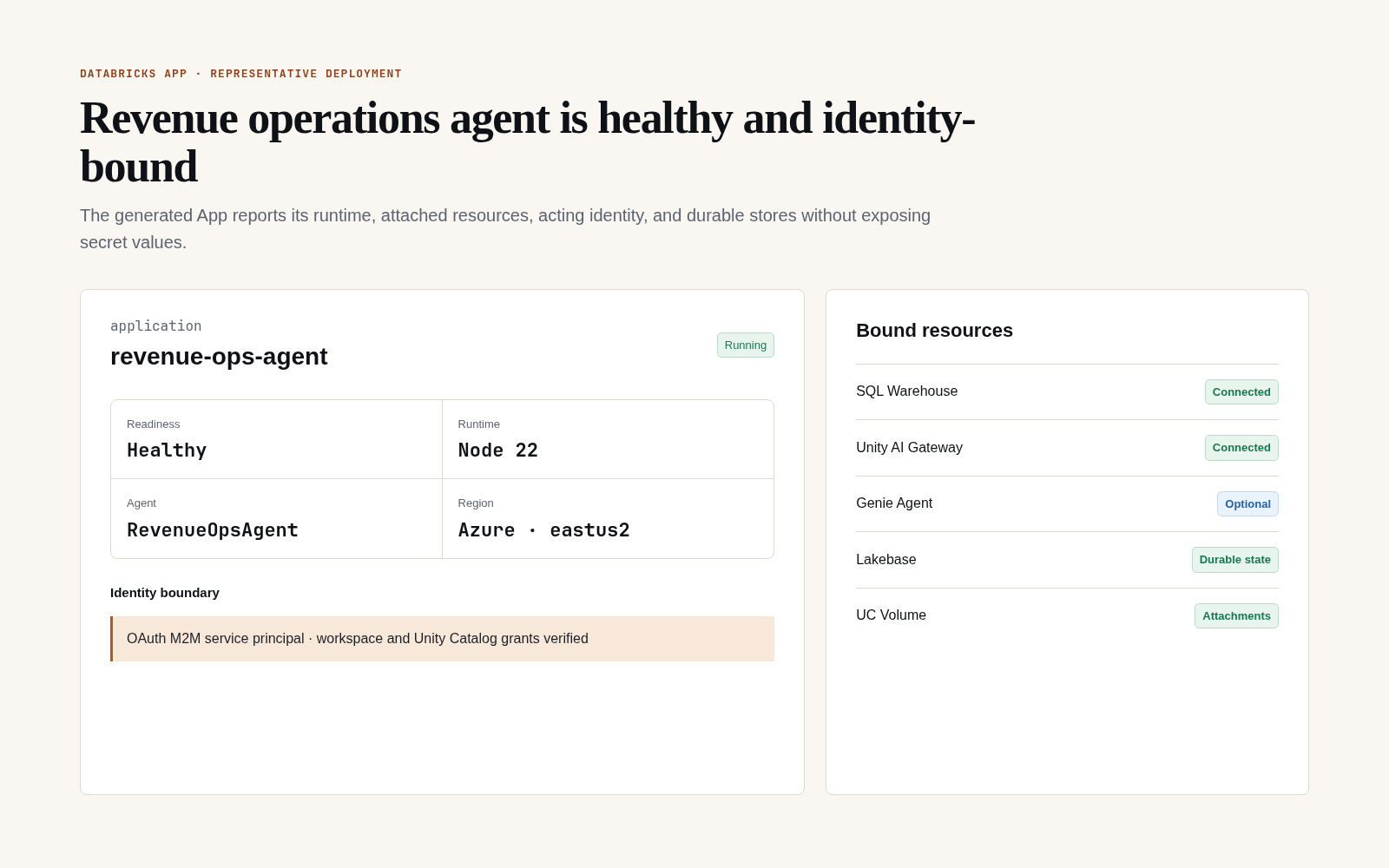 Representative RevenueOpsAgent Databricks App showing healthy runtime, OAuth identity, and bound workspace resources