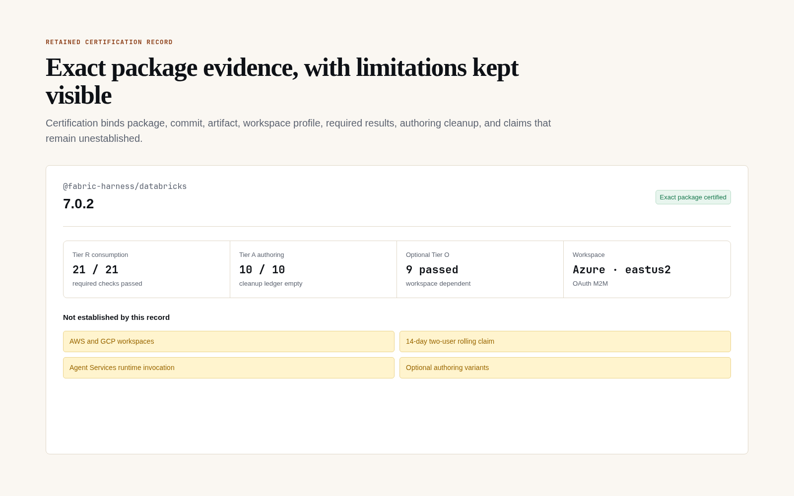 Databricks certification summary showing exact package Tier R, Tier A, optional checks, workspace scope, and unestablished claims